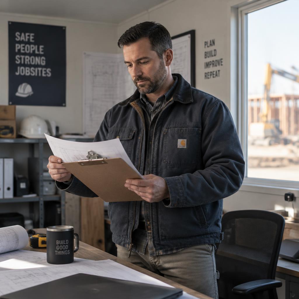 A contractor in a job site office