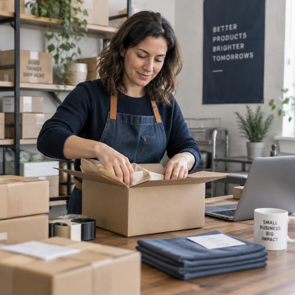 An e-commerce owner packing orders beside a laptop