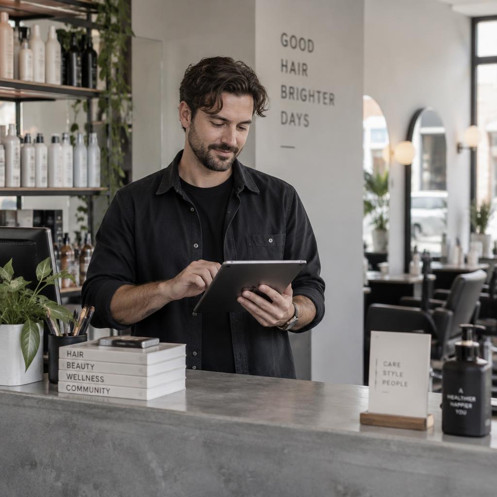 A salon owner reviewing his business on a tablet